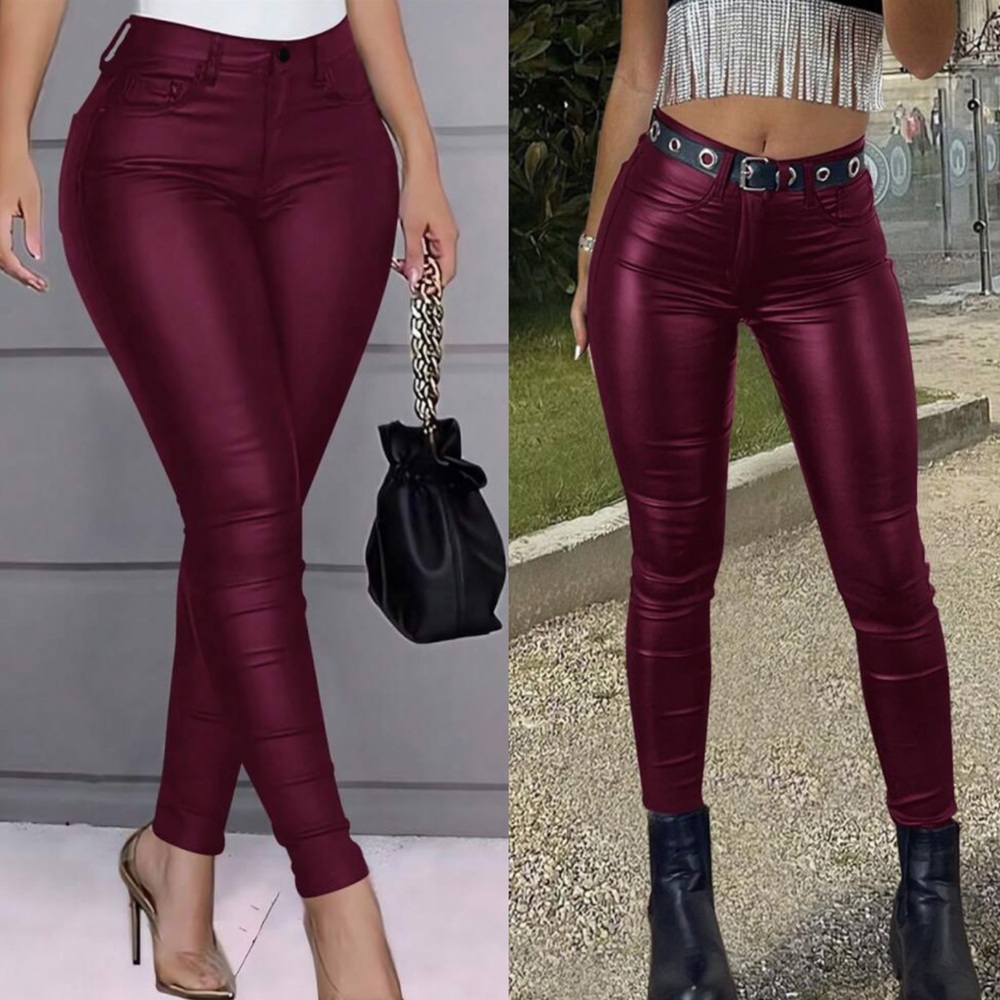 Sexy burgundy thermal sherpa lined vegan leather pants
